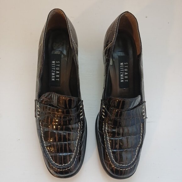 Stuart Weitzman Brown Patent Croc Stitch Leather Penny Loafer Heels - Picture 1 of 5